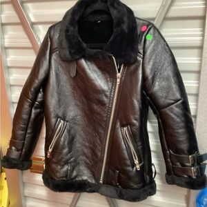 SHEIN Black Leather Jacket with Fur Trim